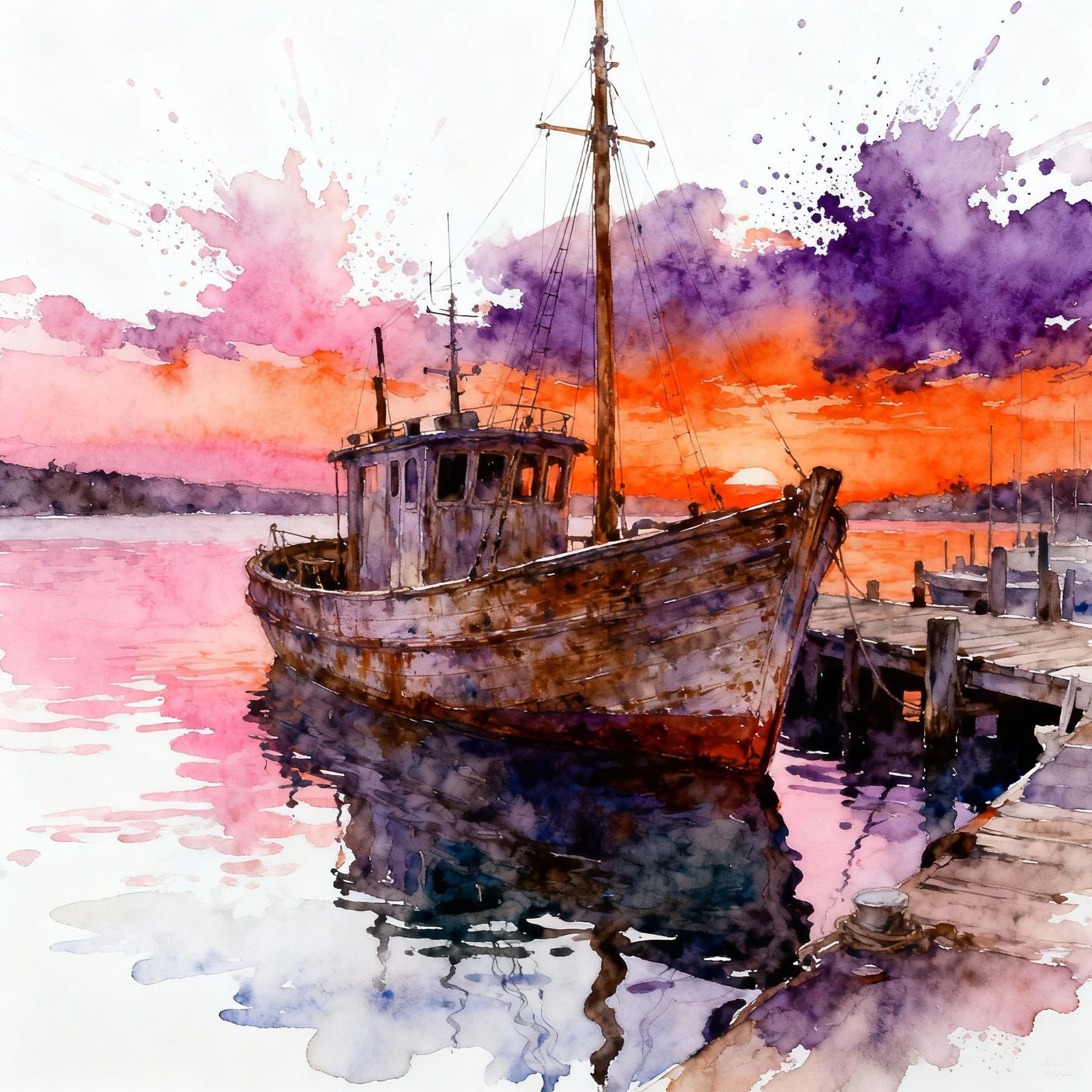 Weathered Boat at Sunset Harbour in Stylized Watercolour