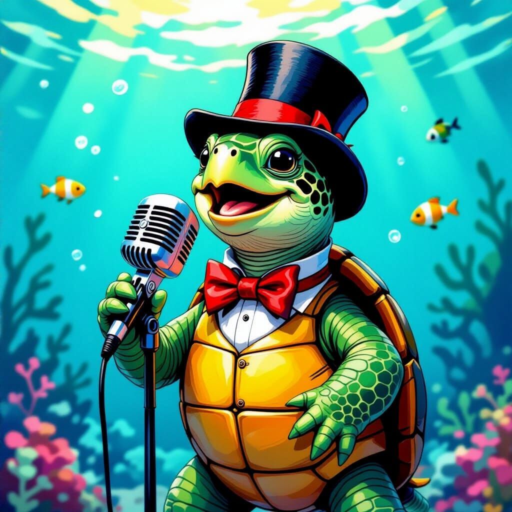 Singing Turtle in Whimsical Underwater Scene