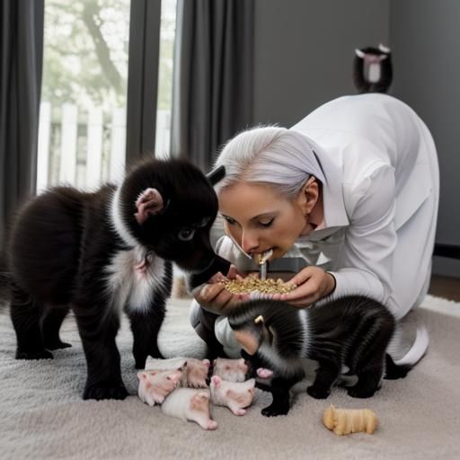 "A pure white mother cat feeding her kittens while a jet black cat looks on."