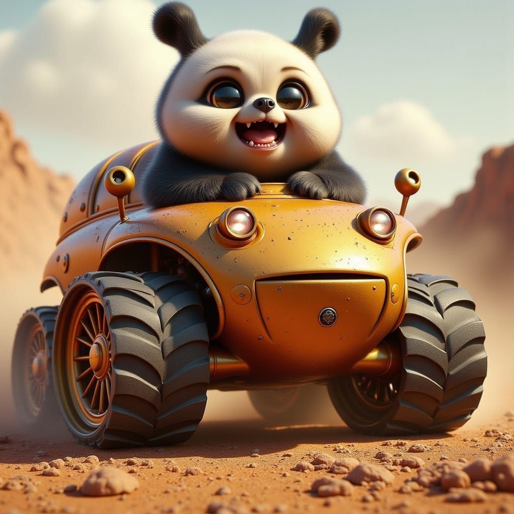 Chibi Panda Races Rose Tank in Mad Max Style