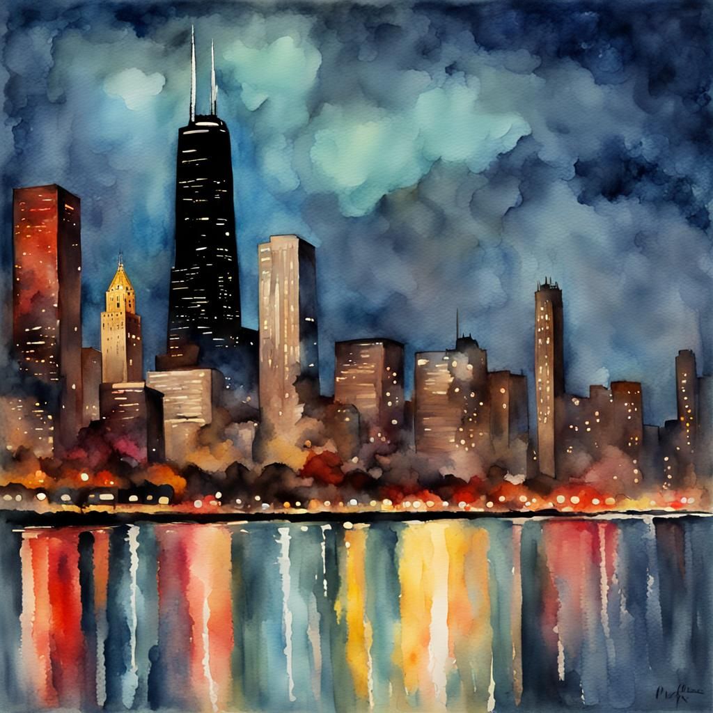 Chicago Skyline at Night in Gouache Style