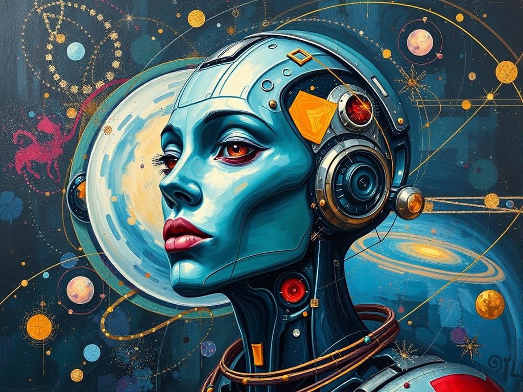 Fantastical Cyborg Portrait with Gold Leaf Accents