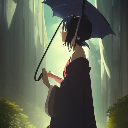Anime Goth Girl with Parasol in Ghibli Style