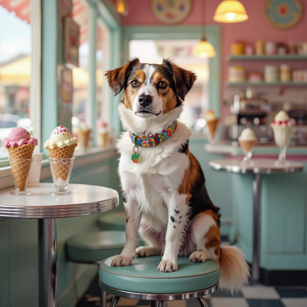 Dog in Ice Cream Shop, Realistic Photorealism