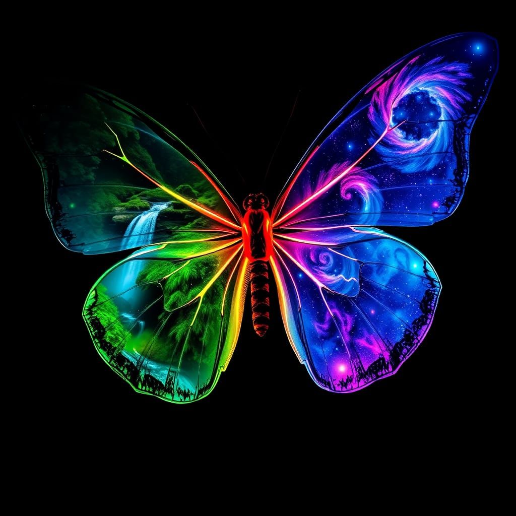 Ethereal Butterfly with Waterfall and Galaxy Wings