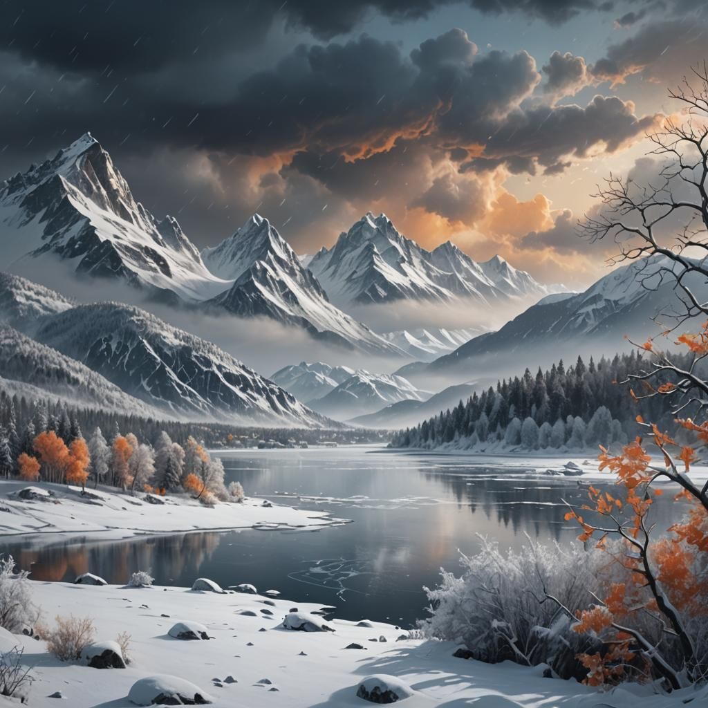 Snowy Mountain Landscape in Winter Blizzard