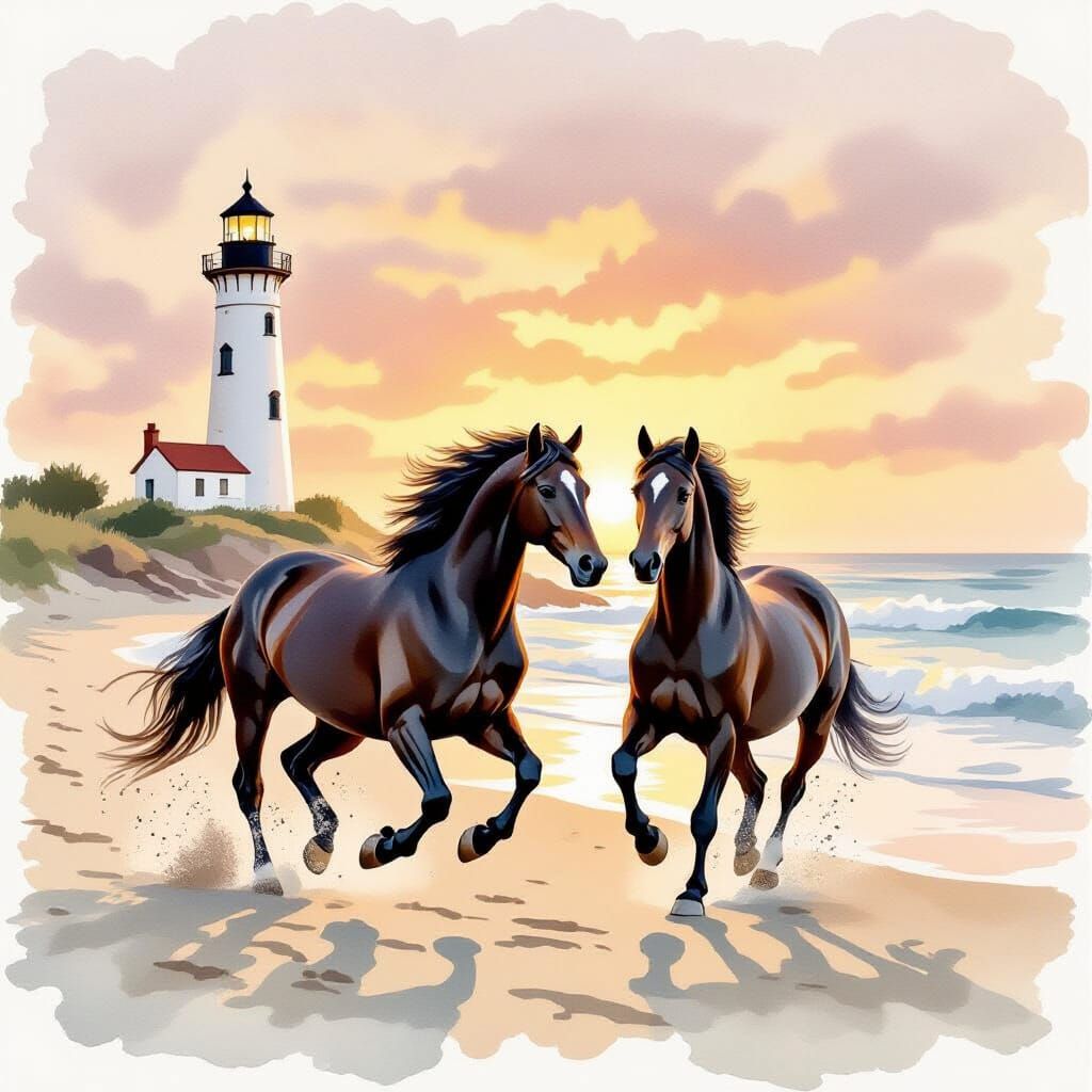 Black Horses Galloping on Beach at Sunset: Watercolor Pastel