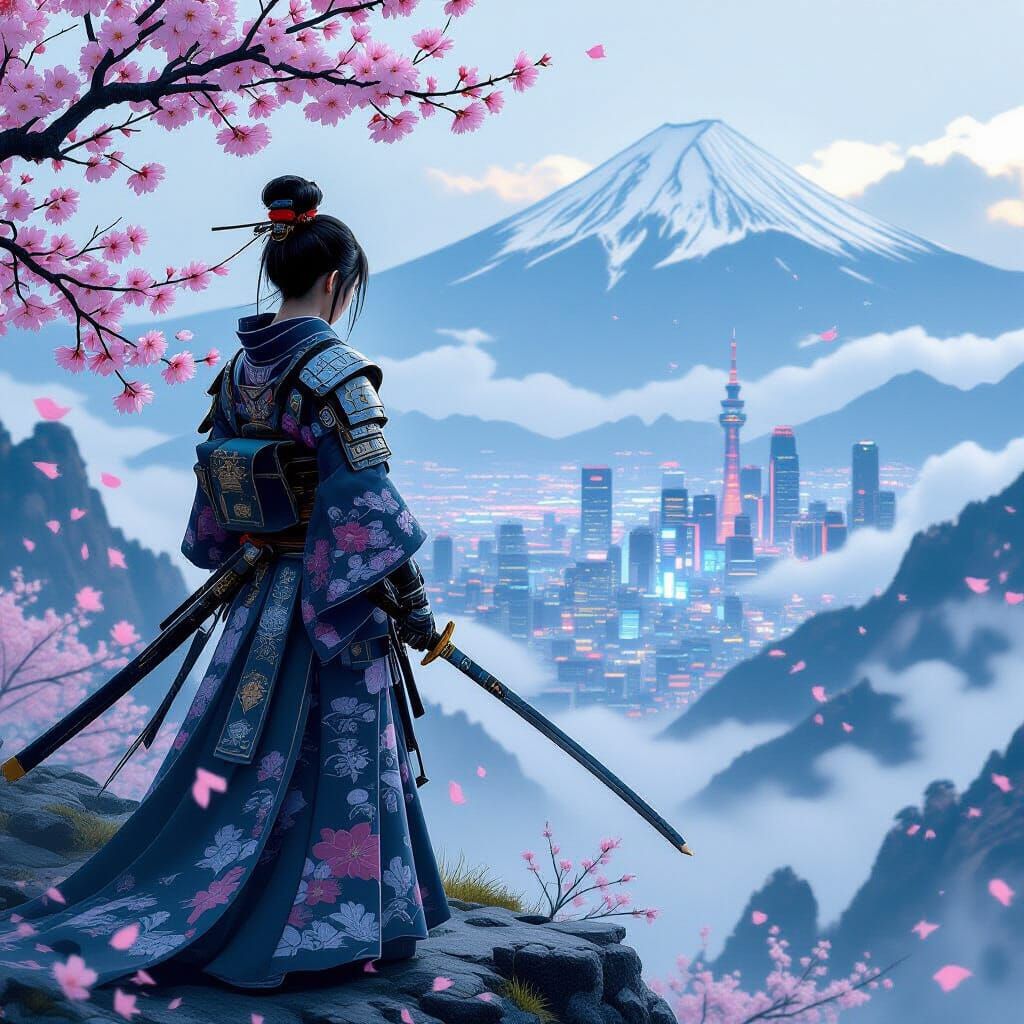 Cyborg Samurai in Cyberpunk City