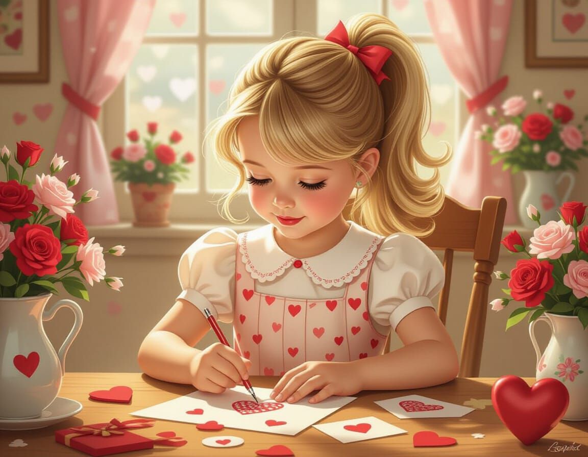 Girl Making Valentines in Nostalgic Pin-Up Style