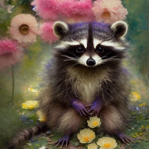 Sad Raccoon Surrounded by Flowers: Gouache Watercolor Painti...
