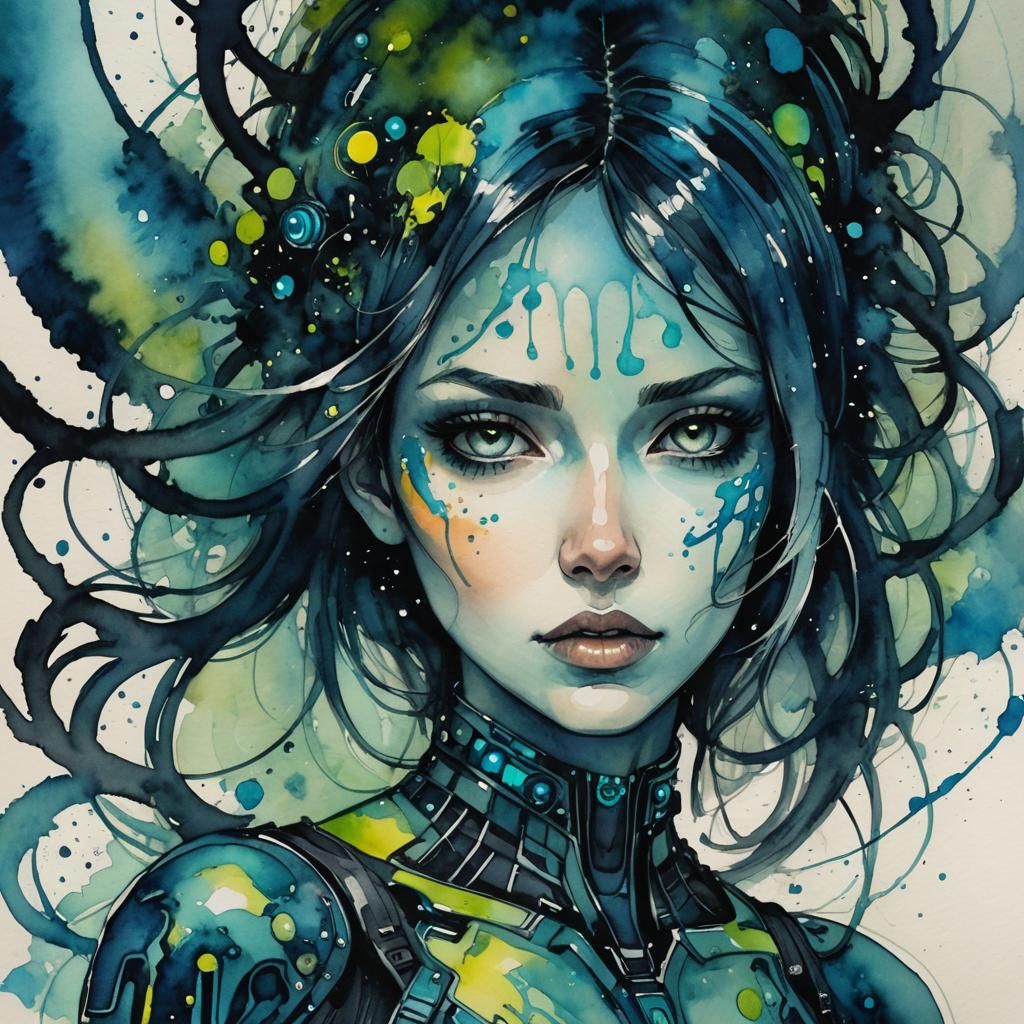Bioluminescent Sci-Fi Girl in Abstract Watercolor