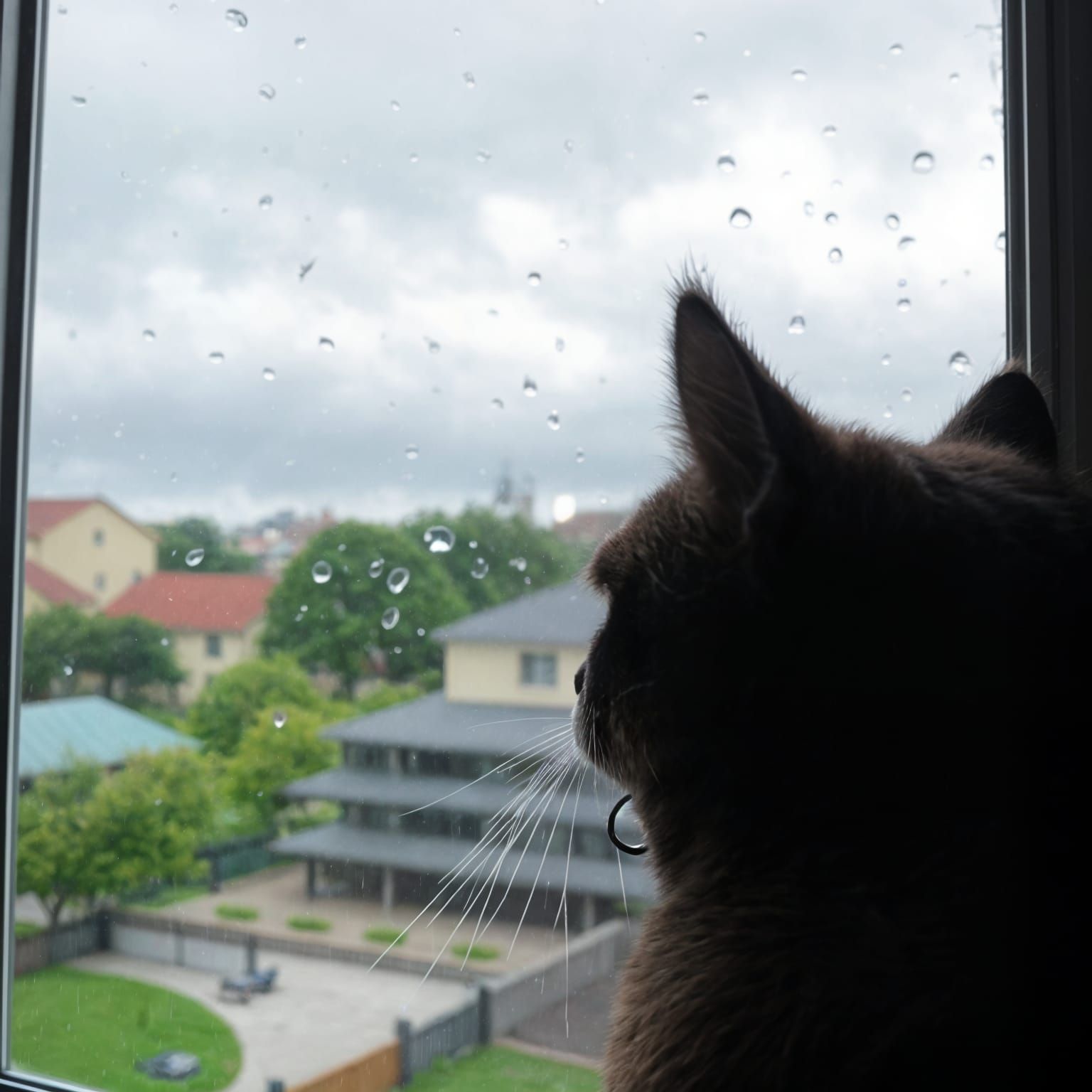 Cat Gazes Out Window at Rainy Morning Sky
