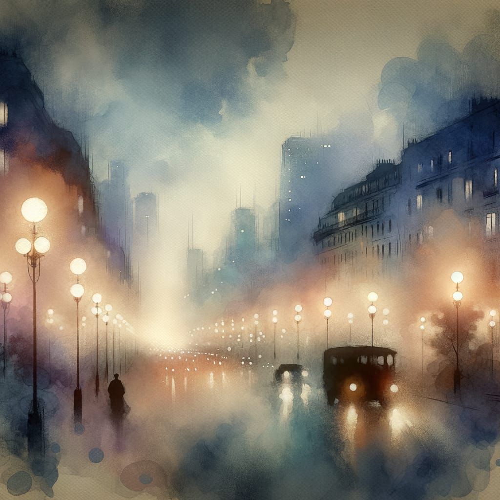 Nocturnal Cityscape in Soft Light and Fog