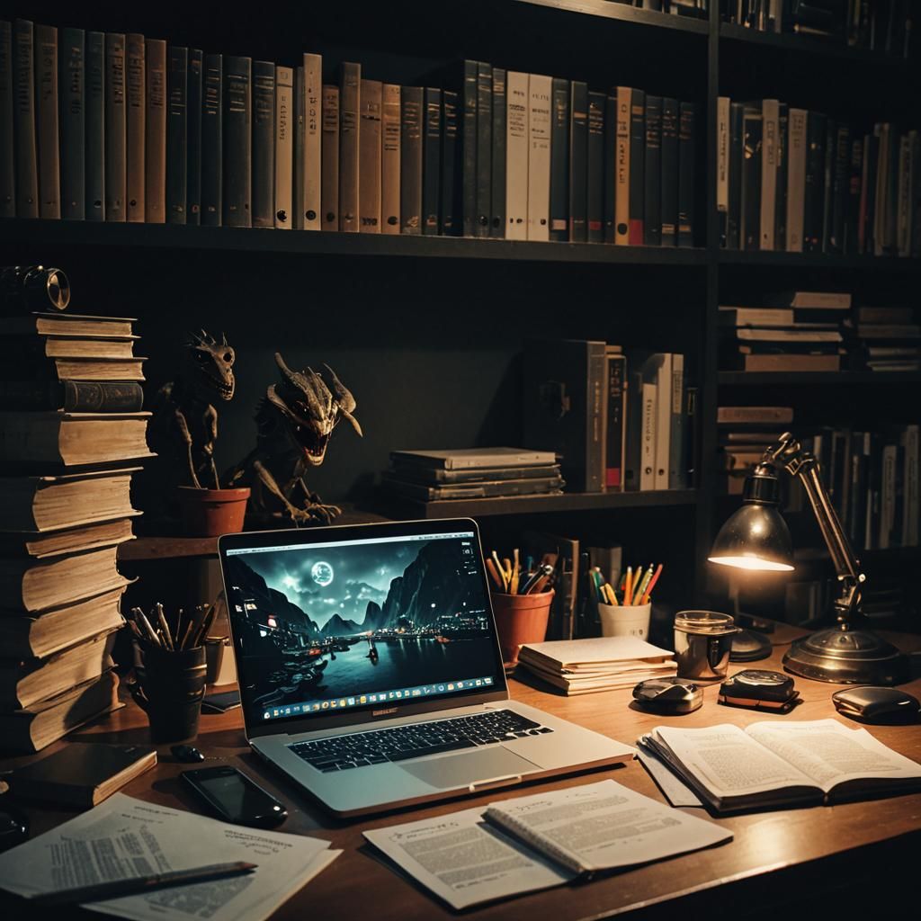 Detailed Office Desk at Night: Cinematic Film Still