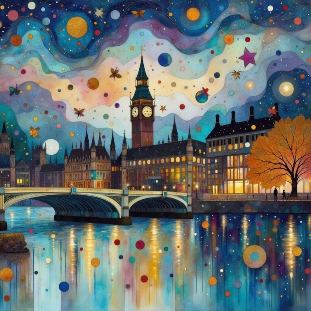 Westminster and Thames at Night with Noctilucent Clouds