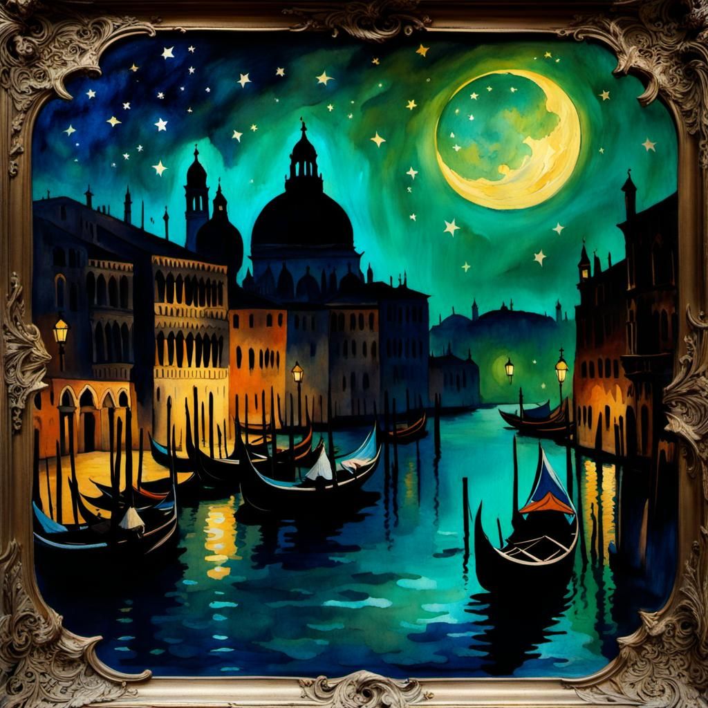 Venice Grand Canal at Moonrise: Watercolor Painting