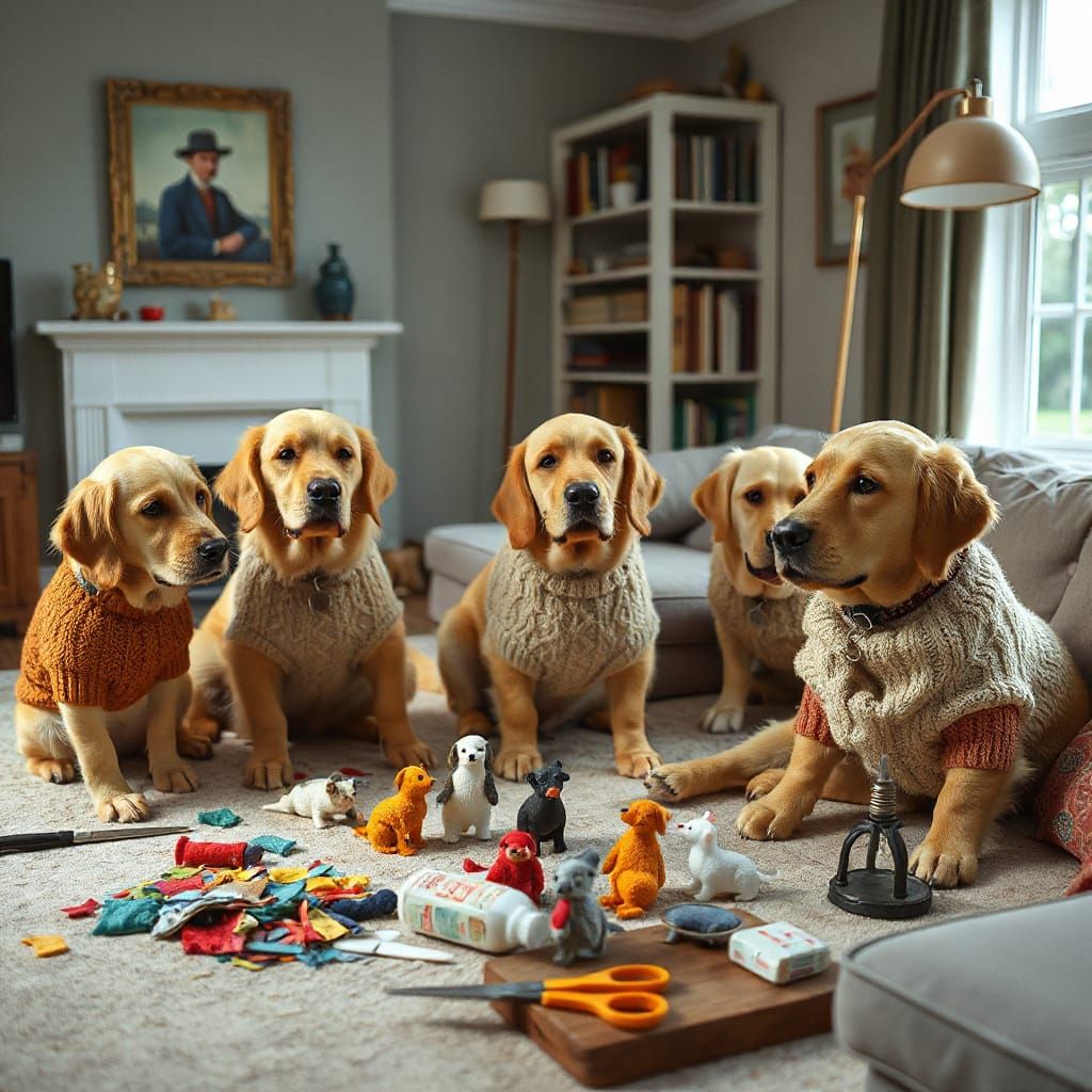 Golden Retrievers Crafting Felt Sculptures, Hyperrealistic D...