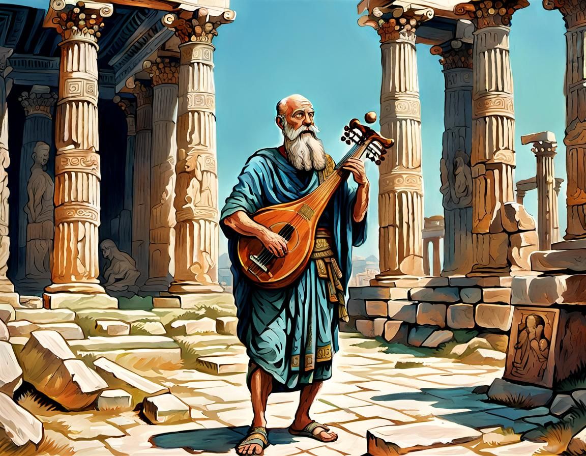 Greek Bard Sings at Ruined Temple, Detailed Concept Art