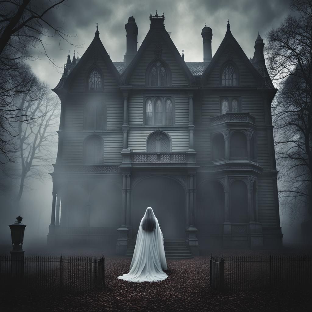 Gothic Haunted Mansion with Ghostly Apparition