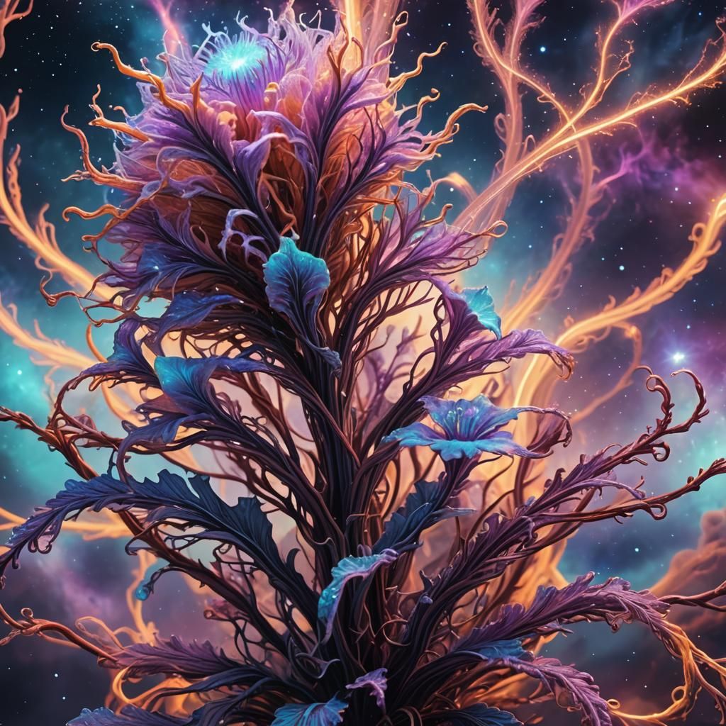 Surreal Alien Plant with Glowing Tendrils on Nebula