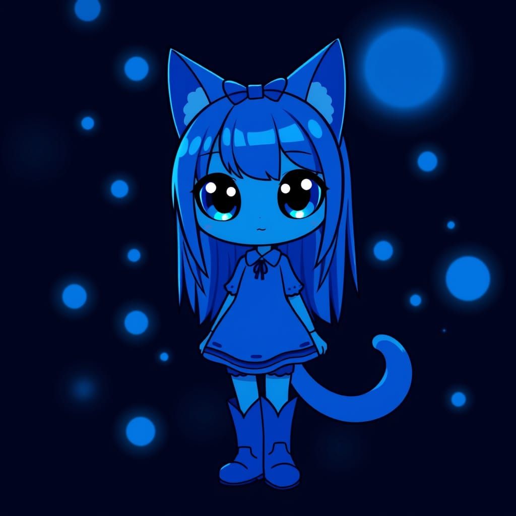 Adorable Blue Anime Catgirl in Cartoon Style