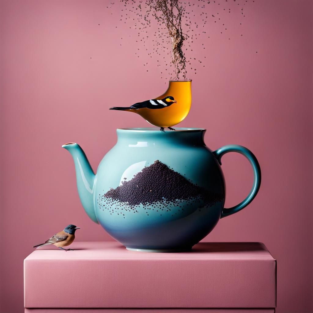 tea into the void in a vase with a bird