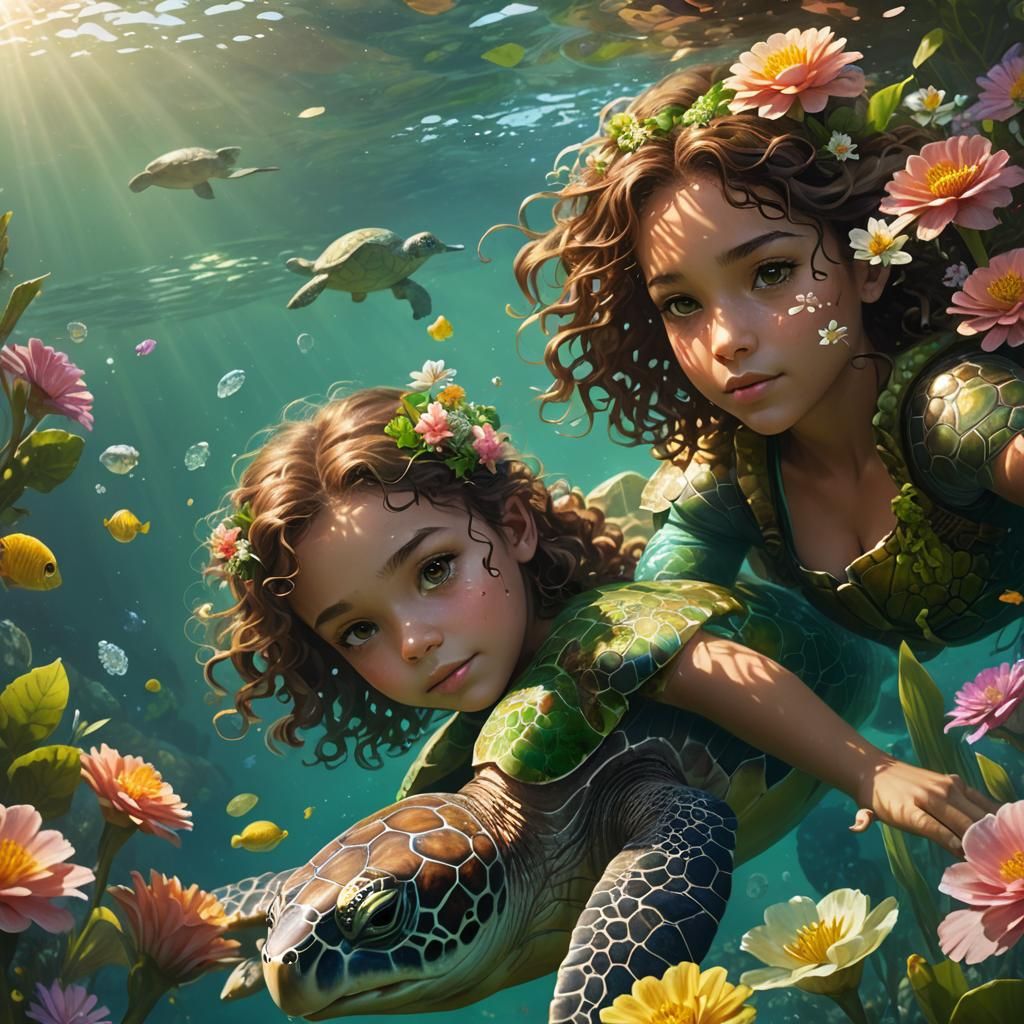 Girl and Turtle: Fantasy Digital Art