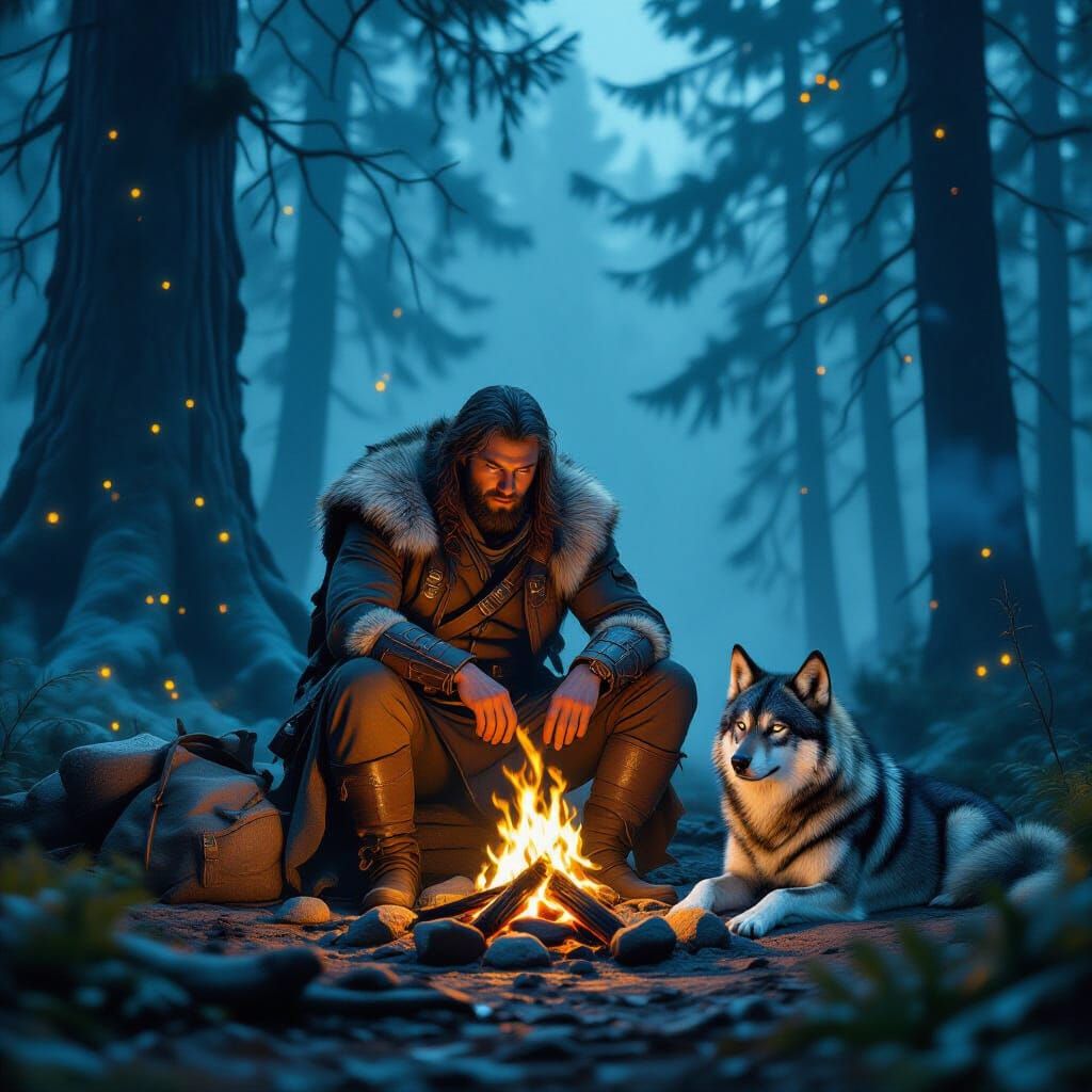 Hunter and Wolf in Primeval Forest, Matte Painting Style