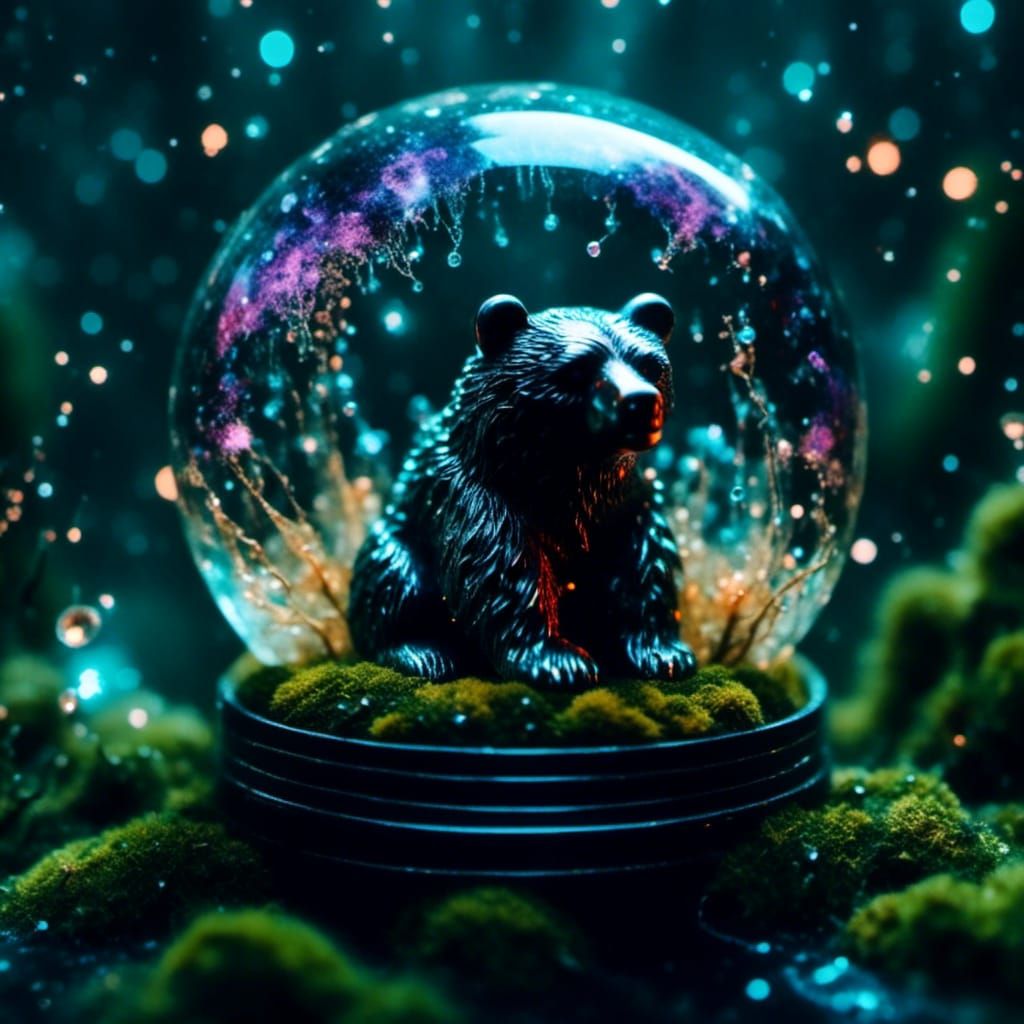Opalescent Ferrofluid Bear in Enchanted Cosmic Darkness