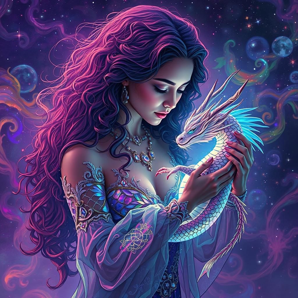 Cosmic Woman with Dragon in Psychedelic Scene