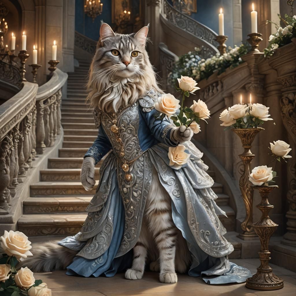 Regal Tabby Cat in Silver Gown on Staircase