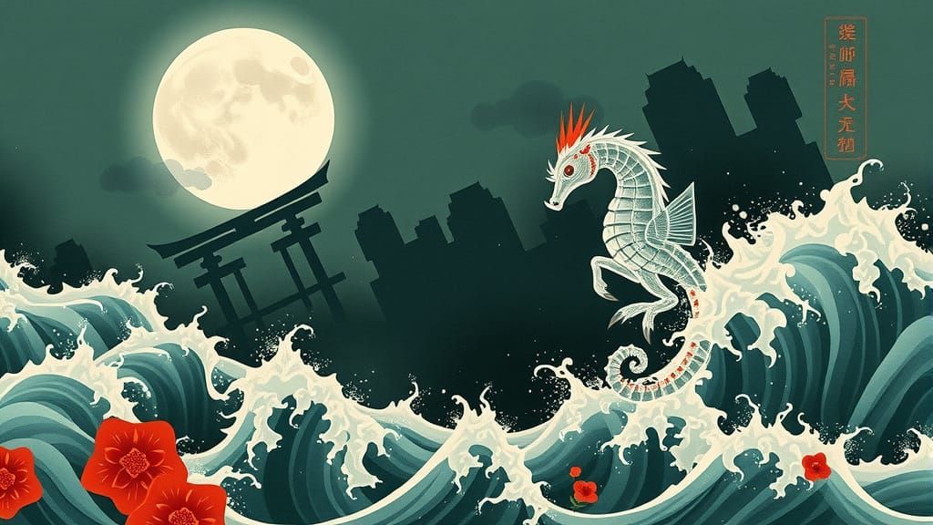 Oriental Botanical Painting of Seahorse in Stormy Sea