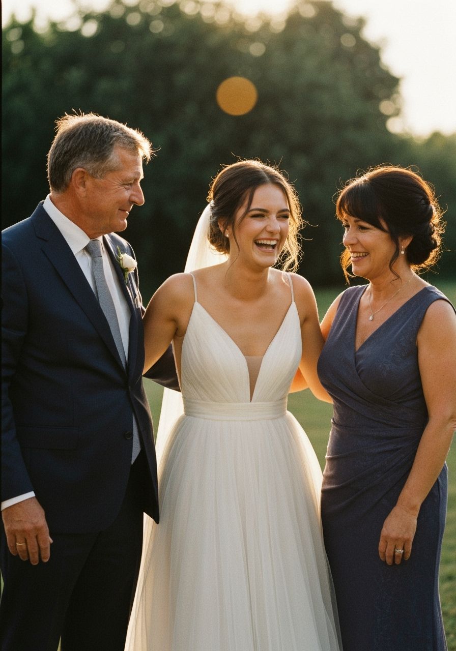 Joyful Bride with Parents on Wedding Day, Golden Hour