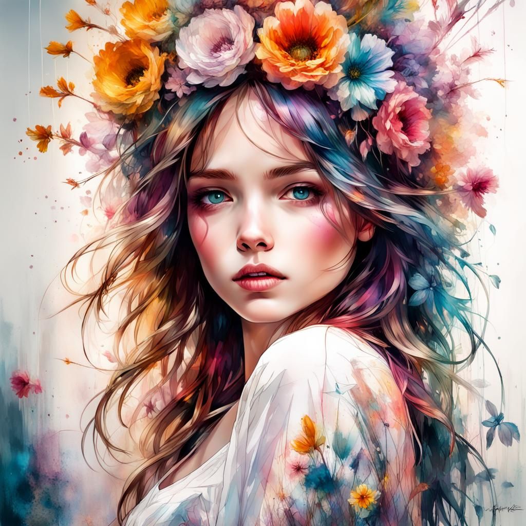Beautiful Flower Girl in Stylized Art