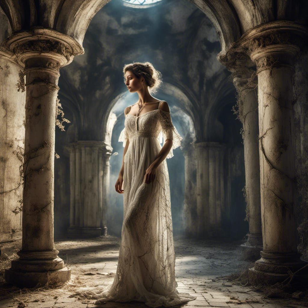 Woman in Regency Dress in Gothic Castle