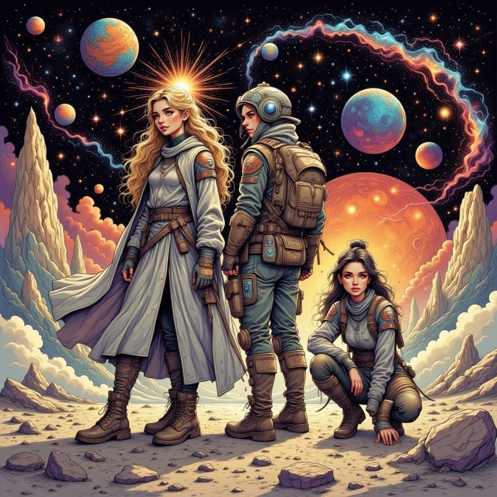 Cosmic Explorers in Anime-Inspired Cel-Shaded Style