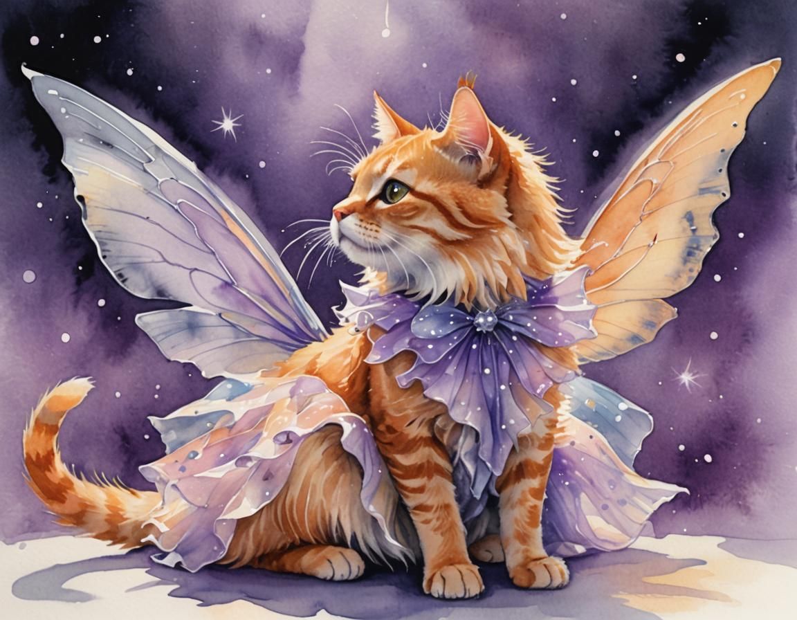 Orange Tabby Cat Receives Fairy Kiss in Watercolor Style