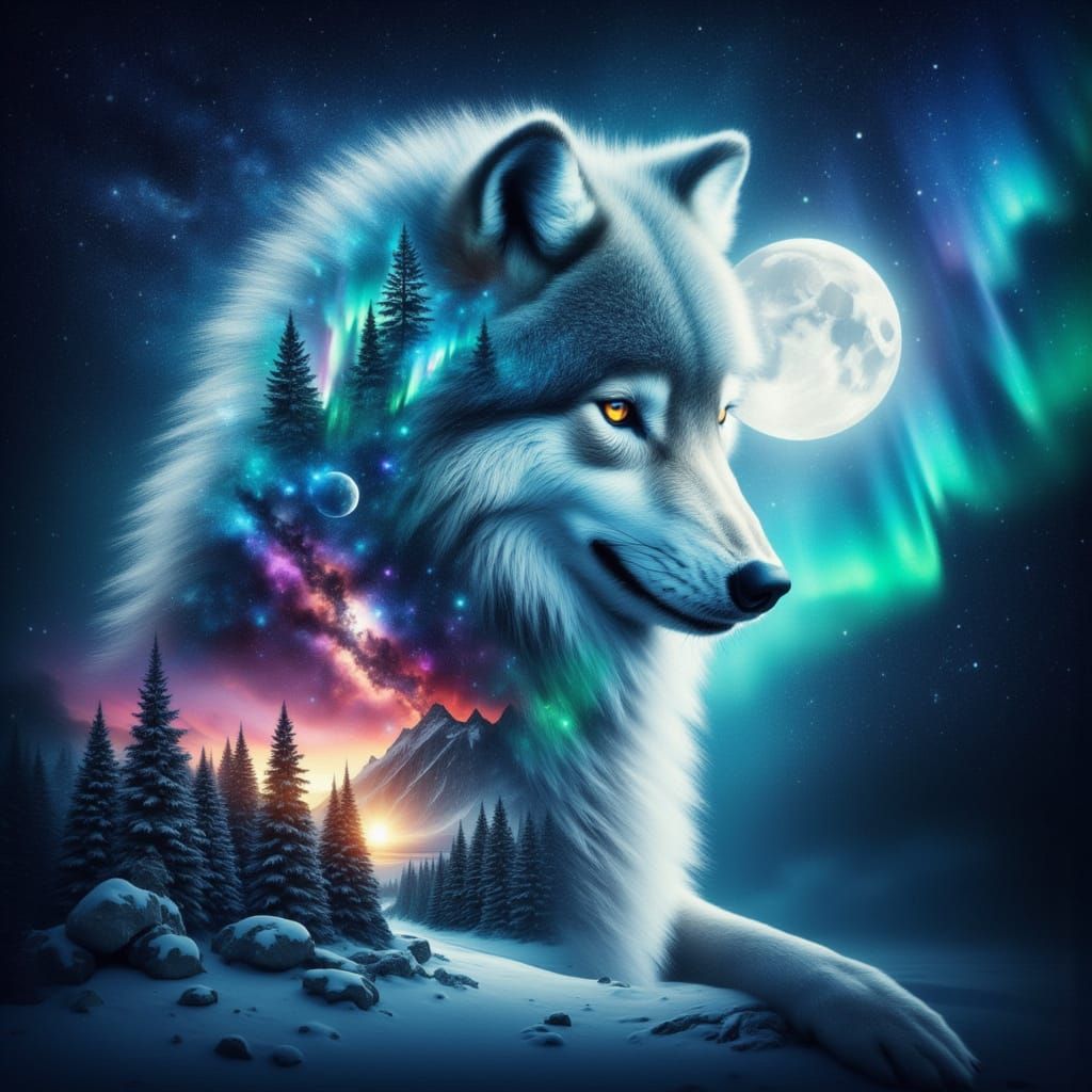Majestic Wolf in Fantasy Double Exposure