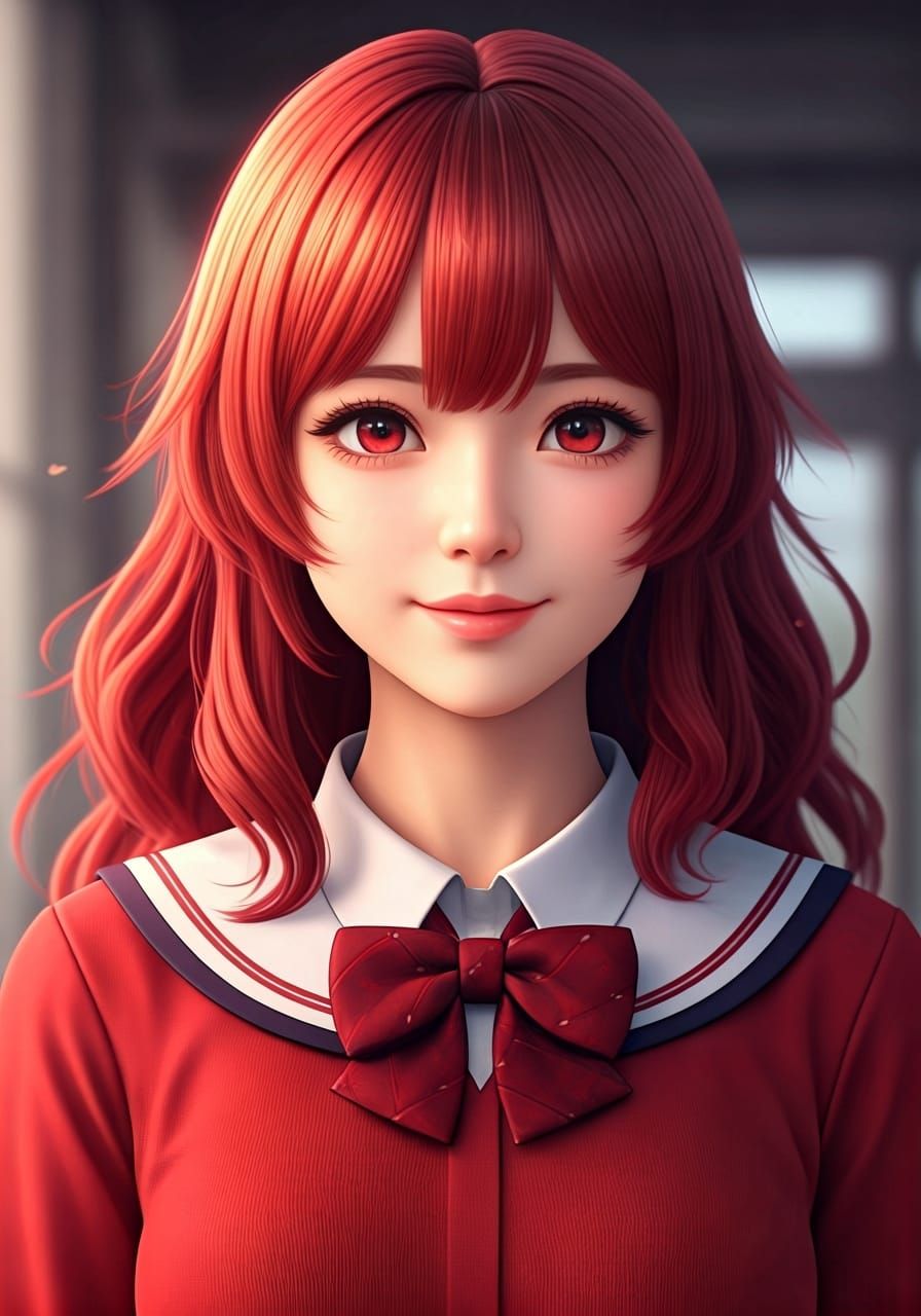 Smiling Anime Schoolgirl in 3D with Red Hair
