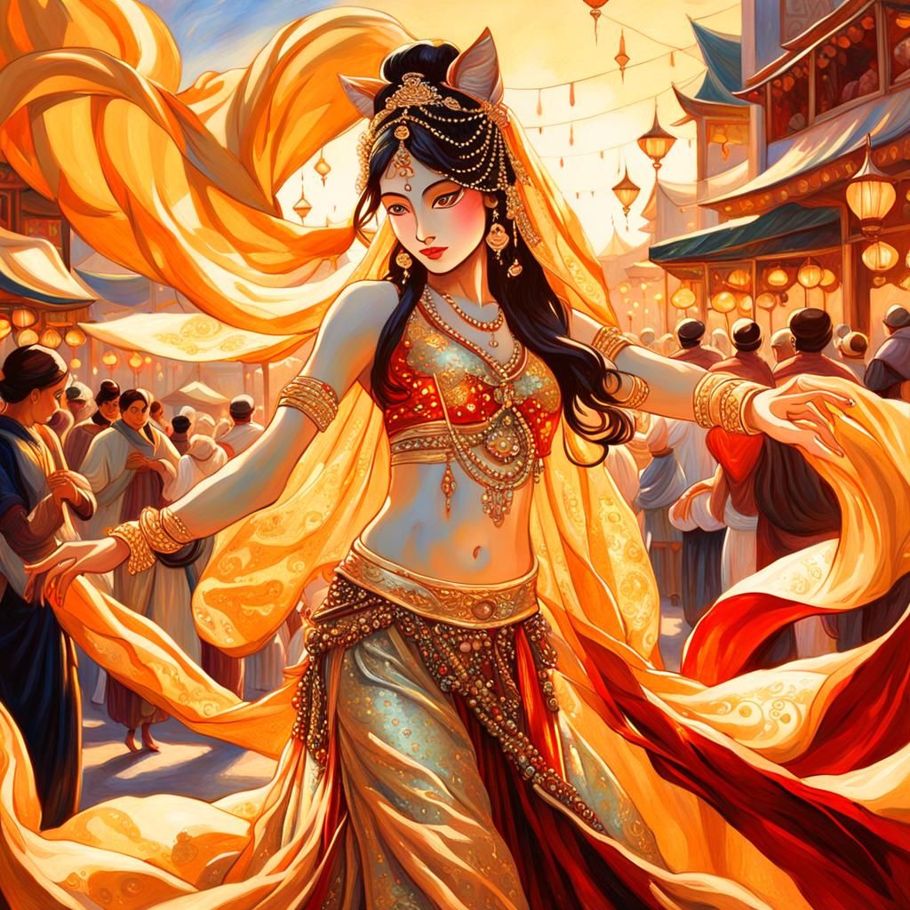 Kitsune Belly Dancer in Crowded Marketplace