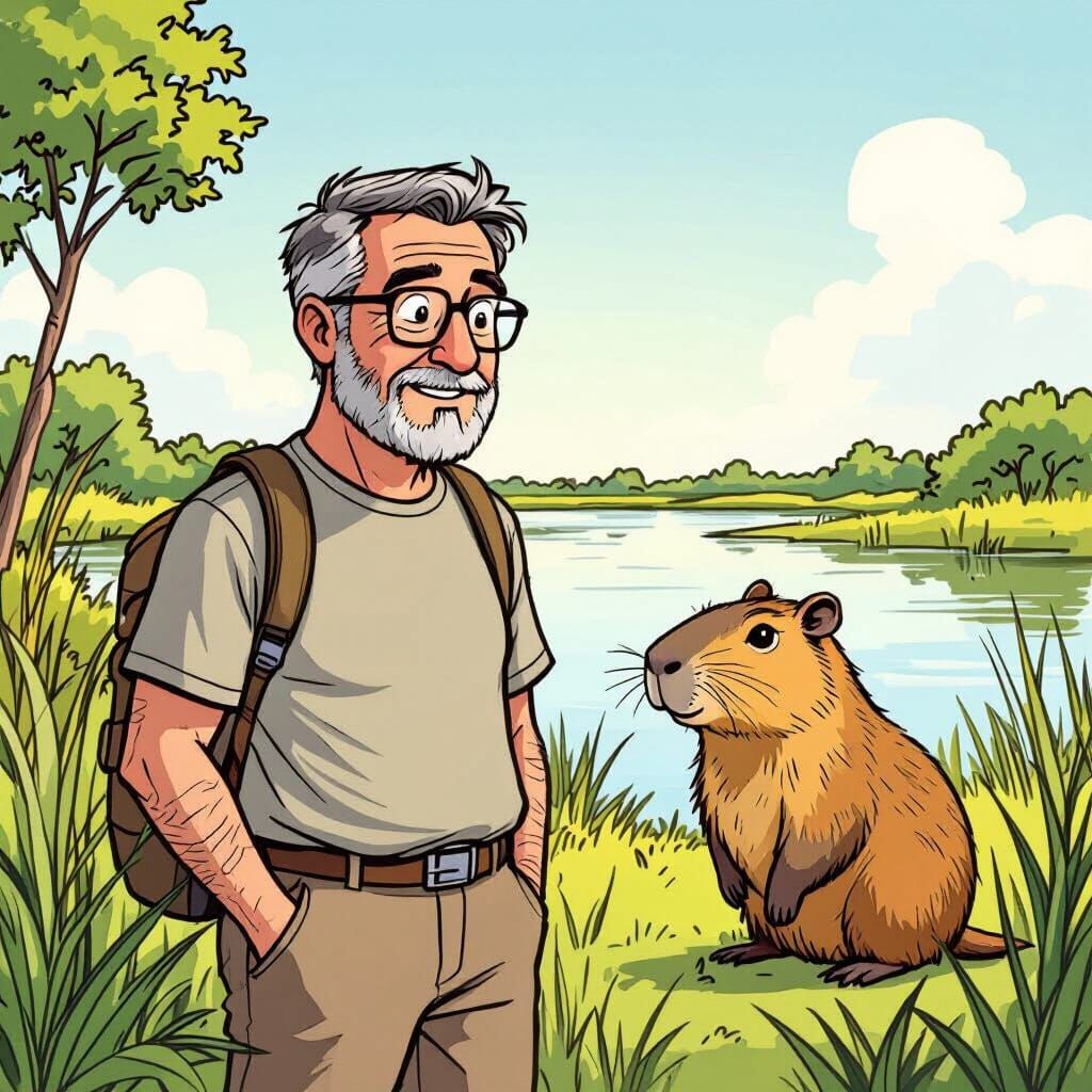 Man Chatting With Capybara in Iberá Wetlands