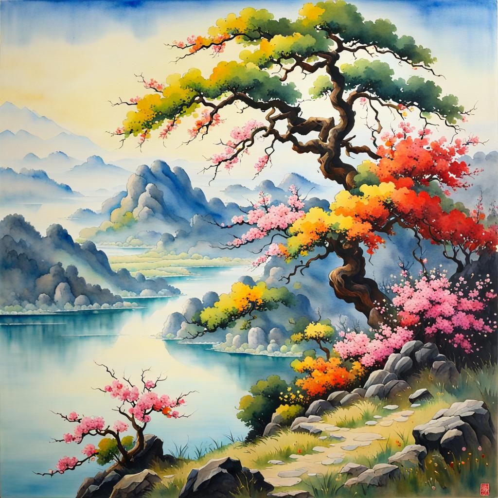 Watercolor Tree by Lake with Floral Hills