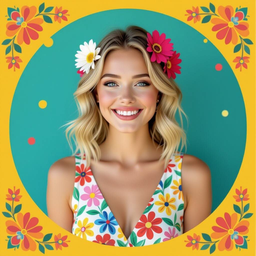 Folk Art Portrait of a Smiling Woman with Flowers