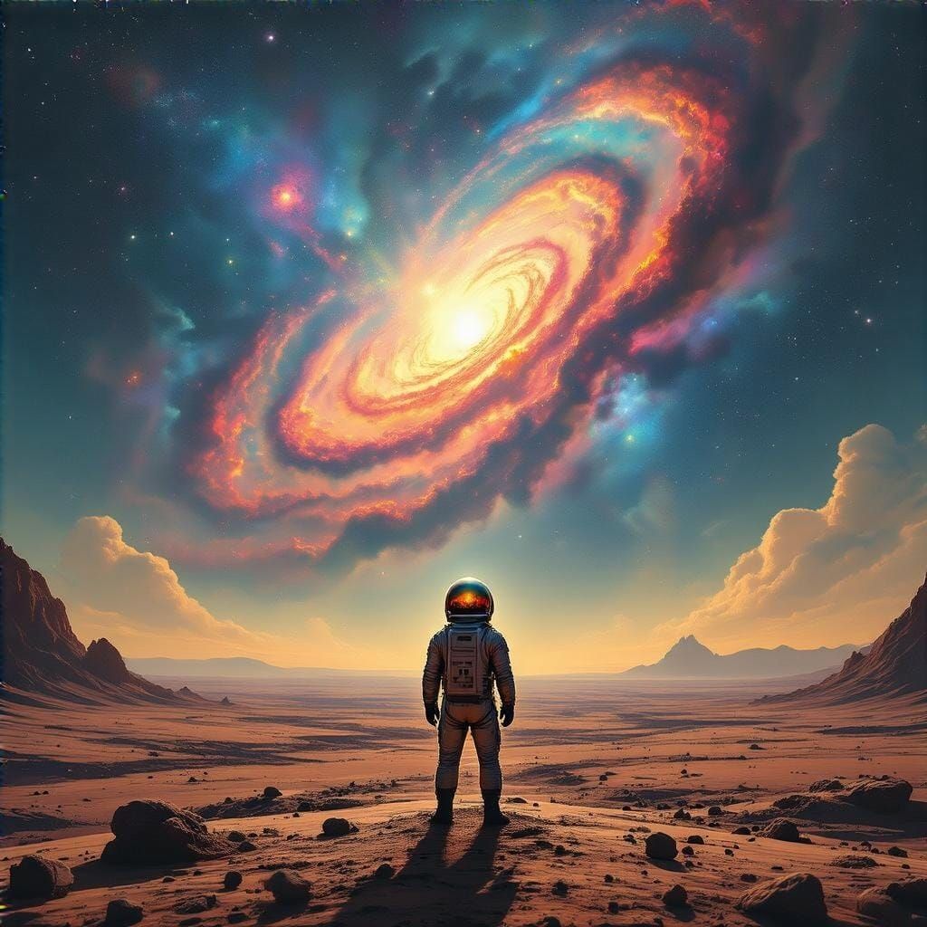 Astronaut on Alien Planet Gazing at Nebula