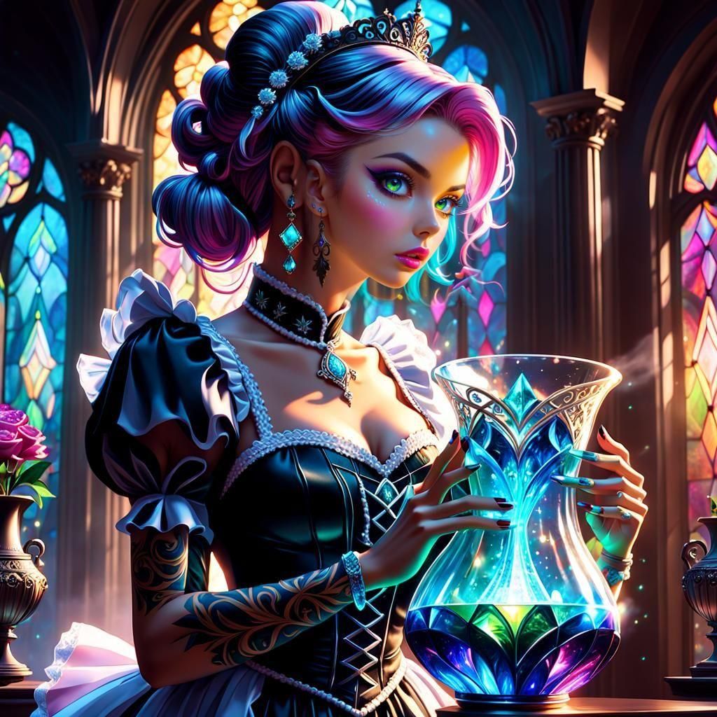 Tattooed Maid Dusting in Intricate House