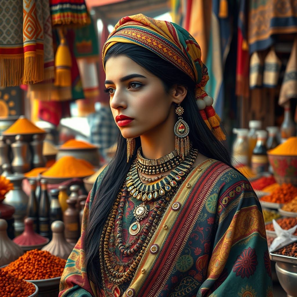 Mysterious Woman in Traditional Dress in a Vibrant Market