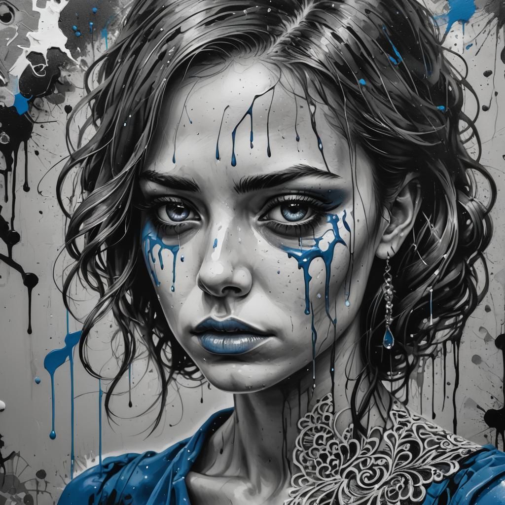 Sad Woman Portrait with Blue Dress in Graffiti Art