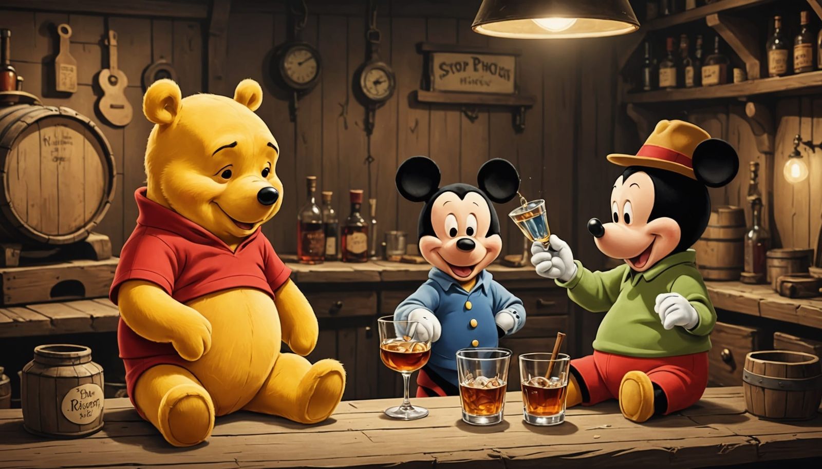 Pooh and Mickey Share a Shot in a Rowdy Night Out