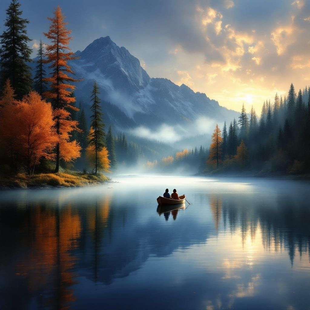 Dreamy Twilight Lake Scene in Oil Painting Style