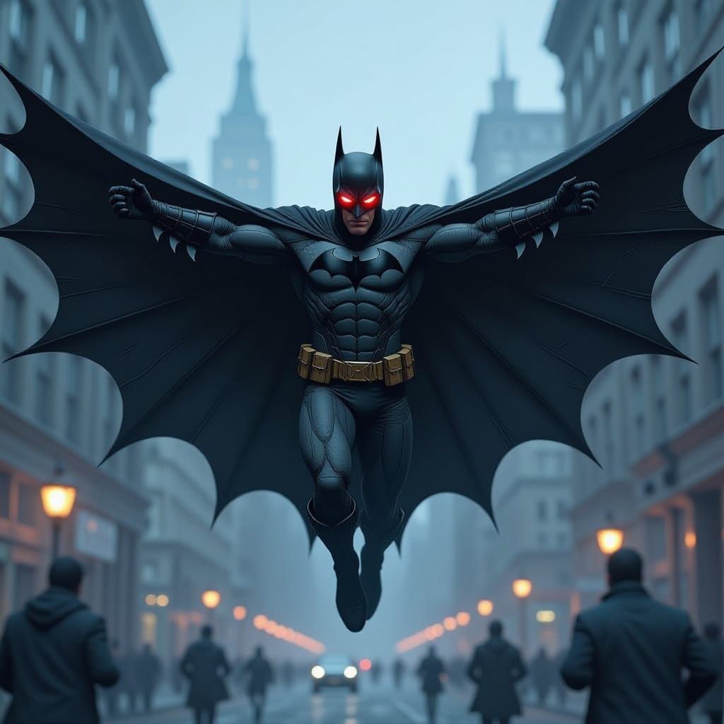Gothic Batman Glides Over Gotham in Noir Scene